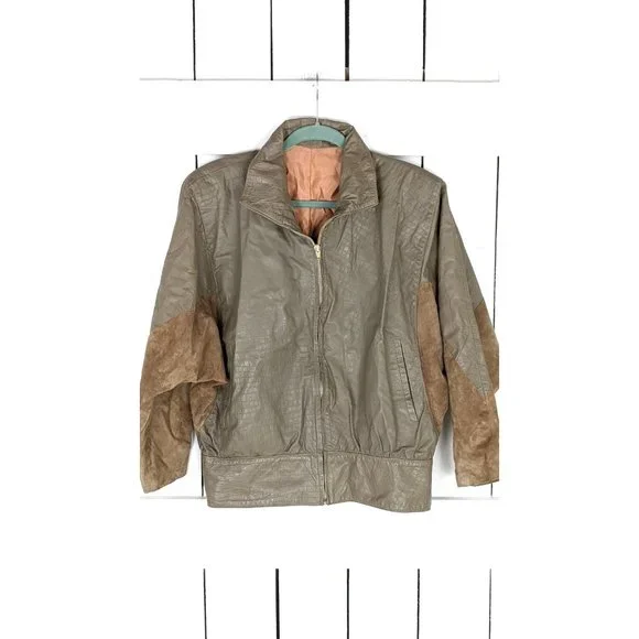 80s vintage beige brown suede and leather zipper bomber Dolman sleeve jacket